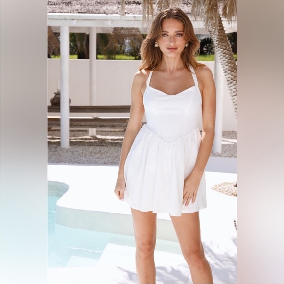 NWT Hello Molly Sunbeam Linen-Blend White Mini Dress Crisscross Back Corset - Picture 5 of 13